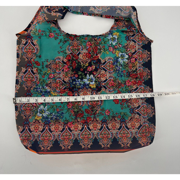 Johnny Was Reusable Bag Floral Paisley Dark Green Red Foldable Packable - Picture 4 of 7